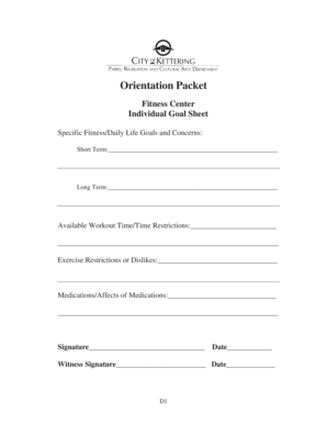 Fitness Center Individual Goal Sheet