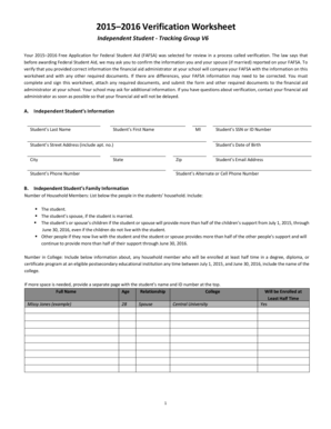 2015–2016 Verification Worksheet for Independent Students