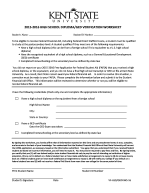 2015-16 High School Diploma or GED Verification Worksheet - sfa kent