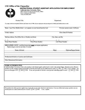 Instructional Student Assistant Application for Employment