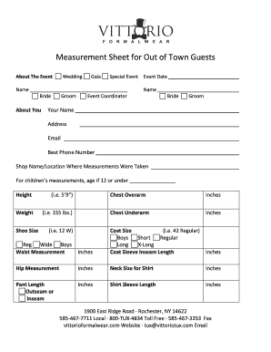 Measurement Sheet for Out of Town Guests