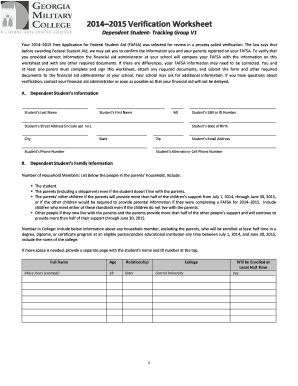 2014–2015 Verification Worksheet for Dependent Students
