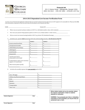 2014-2015 Dependent Low Income Verification Form