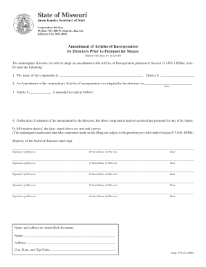 Missouri Amendment of Articles of Incorporation