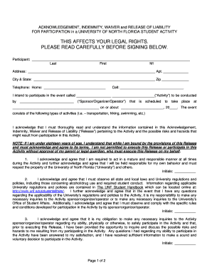University of North Florida Student Activity Waiver