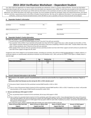 2013–2014 Verification Worksheet – Dependent Student