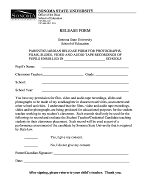 Parent Guardian Release Form for Media Recordings