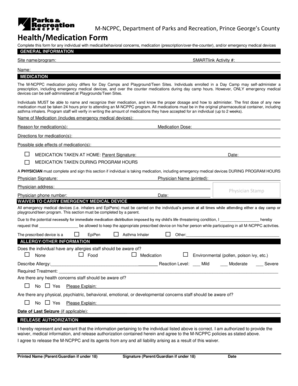 M-NCPPC Health/Medication Form