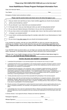 Inova HealthSource Fitness Program Participant Form