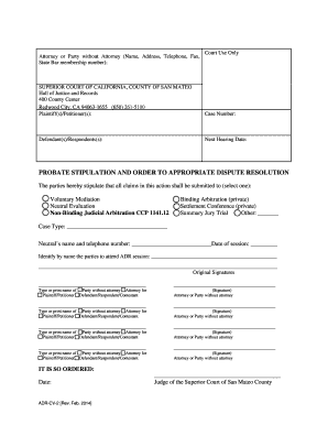 California Probate Stipulation and Order to ADR
