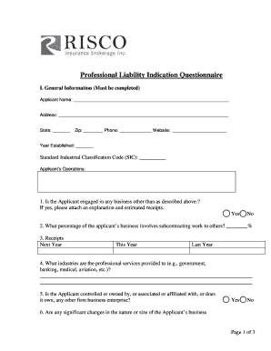 Professional Liability Indication Questionnaire