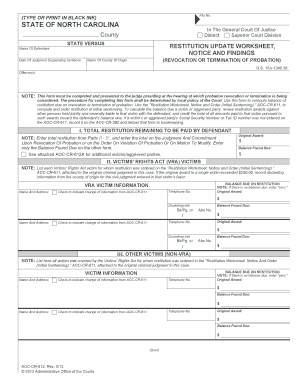 North Carolina Restitution Update Worksheet