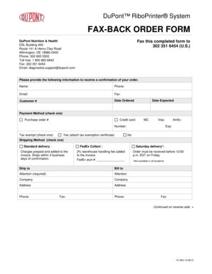 DuPont RiboPrinter System Fax-Back Order Form