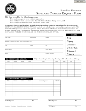 Point Park University Schedule Changes Request Form