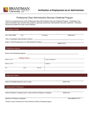 Verification of Employment for Administrative Services Credential