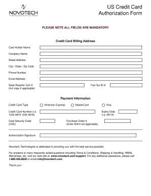 US Credit Card Authorization Form