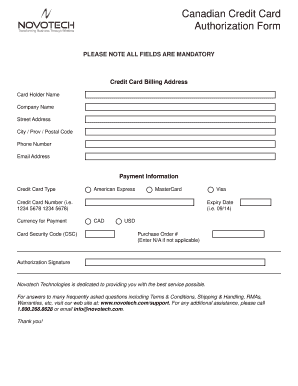 Canadian Credit Card Authorization Form