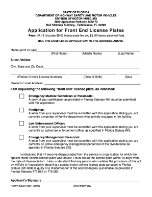 Florida Front End License Plate Application