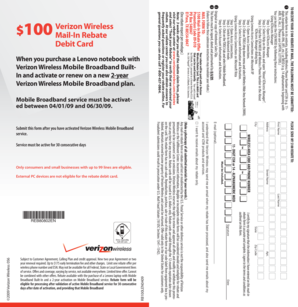 Verizon Wireless $100 Mail-In Rebate Form