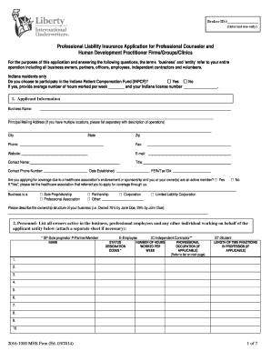 Professional Liability Insurance Application for Counselors