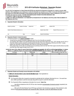 2013–2014 Verification Worksheet - Dependent Student