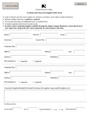 Textbook and Classroom Supplies Order Form