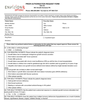 Prior Authorization Request Form for Growth Hormone