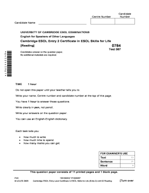 Cambridge ESOL Entry 2 Reading Exam