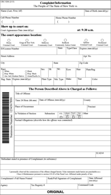 New York Criminal Court Appearance Ticket