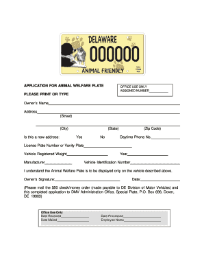 Delaware Animal Welfare License Plate Application