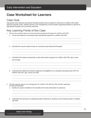 Early Intervention and Education Case Worksheet for Learners