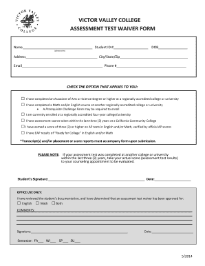 Victor Valley College Assessment Test Waiver Form
