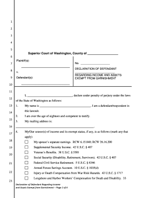 Declaration of Defendant Regarding Income and Assets Exempt from Garnishment