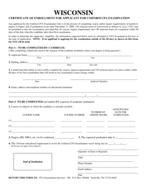 Wisconsin CPA Exam Enrollment Certificate