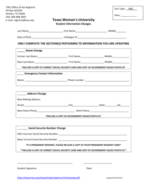 Texas Woman's University Student Information Changes Form