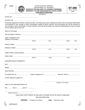 South Carolina ST-299 Affidavit for Out-of-State Delivery