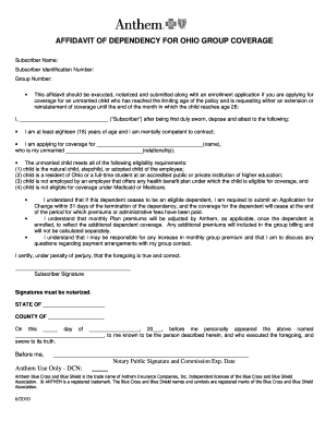 Affidavit of Dependency for Ohio Group Coverage