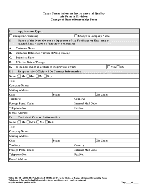 Texas Air Permit Change of Name/Ownership Form