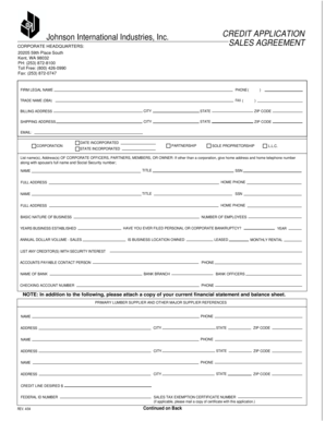 Johnson International Industries Credit Application and Sales Agreement