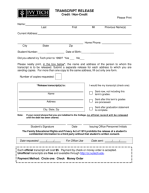 Ivy Tech Transcript Release Form