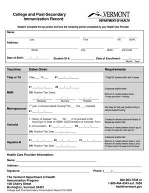 College Immunization Record Form