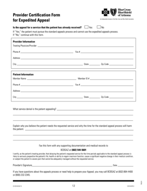 Provider Certification Form for Expedited Appeal