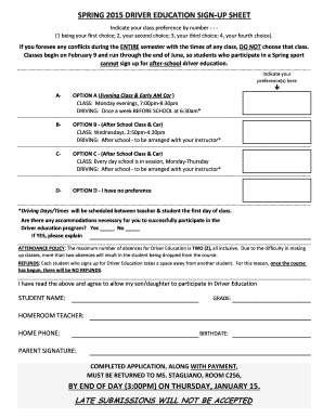 Spring 2015 driver education sign-up sheet by end of day