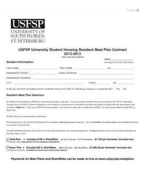 USFSP University Student Housing Resident Meal Plan Contract