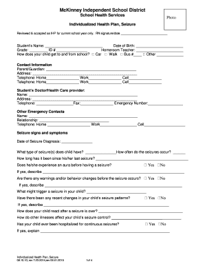 Individualized Health Plan for Seizures