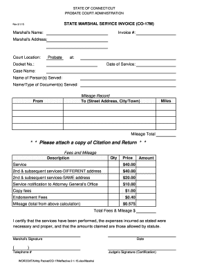 Physiotherapy bill format - STATE OF CONNECTICUT PROBATE COURT ADMINISTRATION STATE MARSHAL SERVICE INVOICE (CO17M) Rev 2/1/15 Marshal 's Name: Invoice #: Marshal 's Address: Court Location: Probate at: Docket No