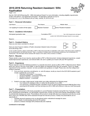 Fillable Online pacificu Returning RA / SRA 2015-2016 Application Fax ...
