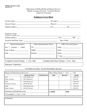 Montana Child Care Employee Cover Sheet