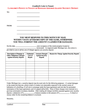 Landlord's Notice to Tenant of Damages Assessed Against Security Deposit