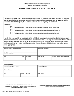 Michigan Beneficiary Verification of Coverage for Elective Abortion